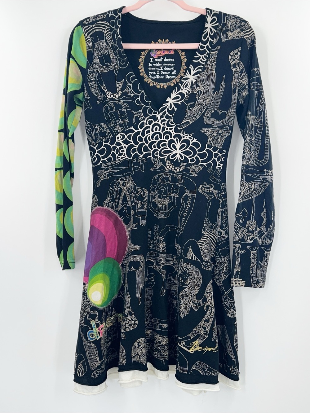 Desigual Printed Colorful "Dream" Black Cotton Embroidered Dress size Medium - Picture 1 of 6